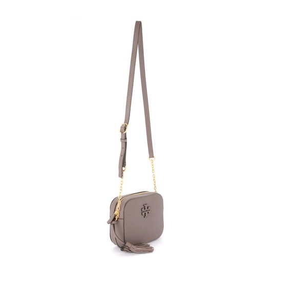 Tory Burch McGraw Camera Bag Silver Maple Taupe Leather Crossbody NWT Sold Out - Picture 4 of 9